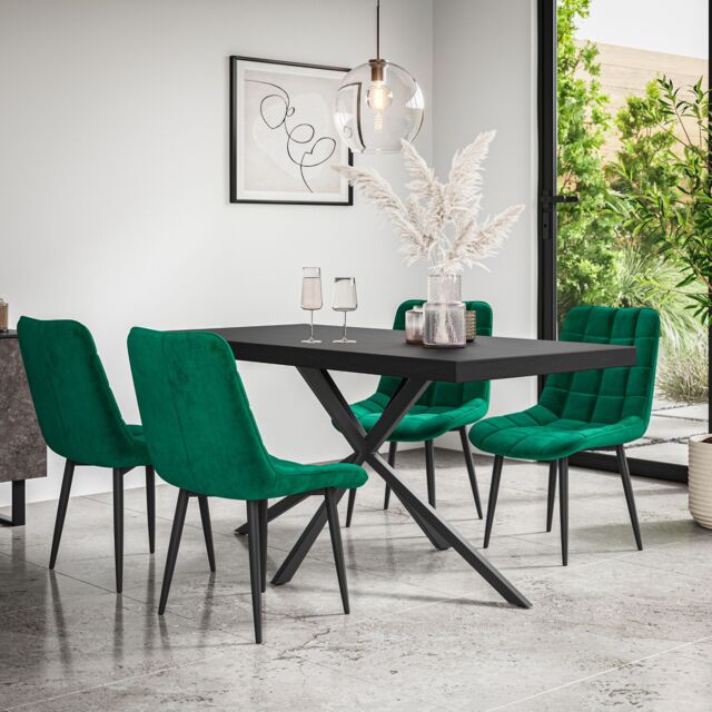 More4Homes Donni Dining Table & Chairs - Black Table Top w Black Legs + Nova Velvet Dining Chair Set Of 6 in Green - image 1