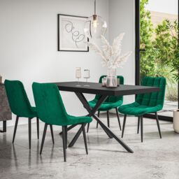 More4Homes Donni Dining Table & Chairs - Black Table Top w Black Legs + Nova Velvet Dining Chair Set Of 6 in Green