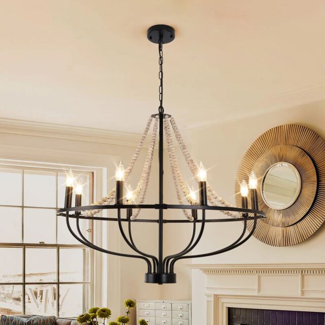 Garwarm 8 - Light Dimmable Wagon Wheel Chandelier with Beaded Accents in Black - image 1