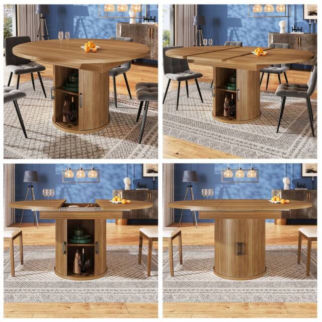BTM Extendable round dining table with table top extends to oval seats 6 in Brown - image 1