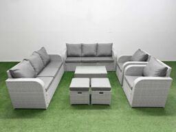 Fimous PE Rattan High Back Lounge Sofa Set Patio Coffee Table & Chairs Set with 3 Seater Sofa Reclining Chair Stools Light Grey - thumbnail 2