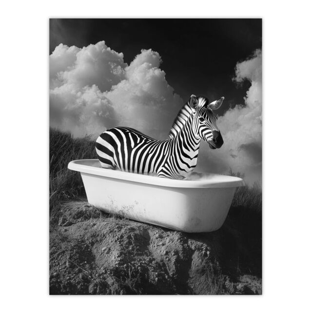 "Artery8 Zebra Bath Time in Bathtub Black White Surreal Wall Art Print in Grey - Size: W24"" x H32""" - image 1