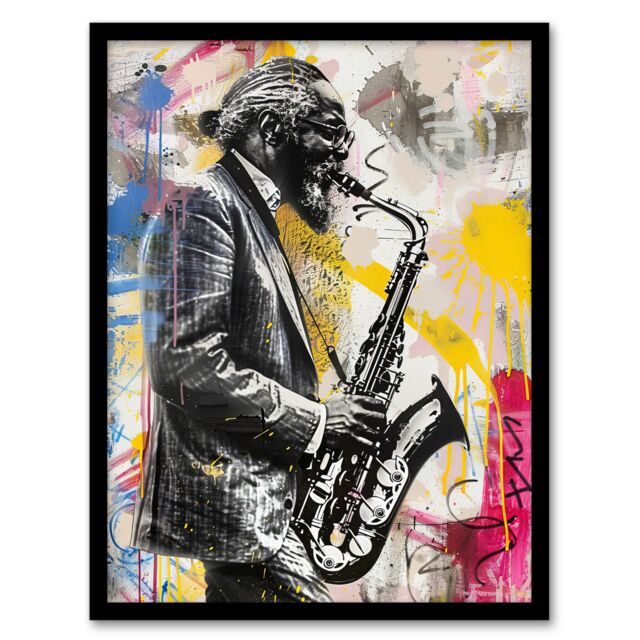 "Artery8 Old Saxophone Player Portrait Street Art Graffiti Framed Art Print - Size: W12"" x H16""" - image 1