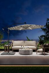 Garden Sanctuary 3m Lighted Garden Parasol with Crank Lift System, Cross Base & Square Base in Beige - thumbnail 1