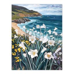 "Artery8 Aberdaron Coastal Wales Daffodils Hills Painting Wall Art Print - Size: W12"" x H16""" - thumbnail 1