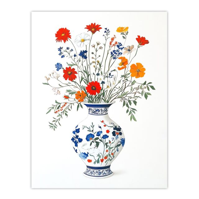 "Artery8 Colourful Wildflower Bouquet Floral Pattern Vase Wall Art Print in Blue - Size: W18"" x H24""" - image 1