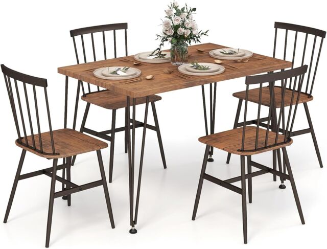 Gymax 5PCS Dining Table Set Kitchen Table & 4-Chair Metal Frame Space-Saving in Brown - image 1