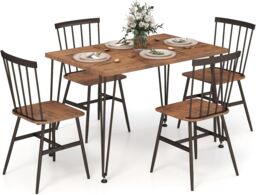Gymax 5PCS Dining Table Set Kitchen Table & 4-Chair Metal Frame Space-Saving in Brown - thumbnail 1