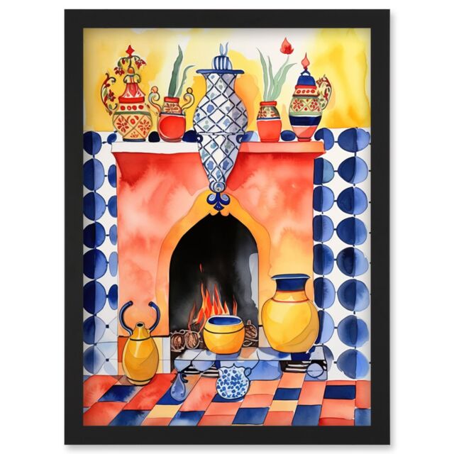 Artery8 Kitchen Hearth Fireplace With Coloured Tiles Folk Art Watercolour Painting Artwork Framed Wall Art Print A4 in Black - image 1