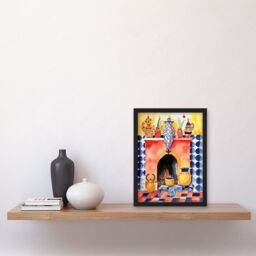 Artery8 Kitchen Hearth Fireplace With Coloured Tiles Folk Art Watercolour Painting Artwork Framed Wall Art Print A4 in Black - thumbnail 2
