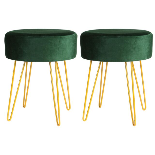 Harbour Housewares Round Velvet Footstools - H40 x D35cm - Gold Hairpin Legs - Pack of 2 in Green - image 1