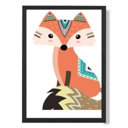 ARTZE Sitting Orange Fox Tribal Animal Framed Print SIZE: A3 with Black Frame - Size: A4 - thumbnail 1