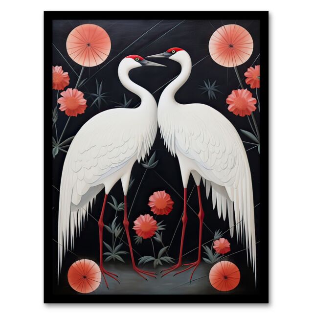 Artery8 Wall Art Print Japanese Crane Dance Stylised Oil Painting Pink White Grey Birds & Pink Flowers Abstract Floral Landscape Artwork Framed - image 1