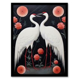 Artery8 Wall Art Print Japanese Crane Dance Stylised Oil Painting Pink White Grey Birds & Pink Flowers Abstract Floral Landscape Artwork Framed - thumbnail 1