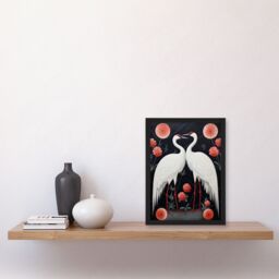 Artery8 Wall Art Print Japanese Crane Dance Stylised Oil Painting Pink White Grey Birds & Pink Flowers Abstract Floral Landscape Artwork Framed - thumbnail 4