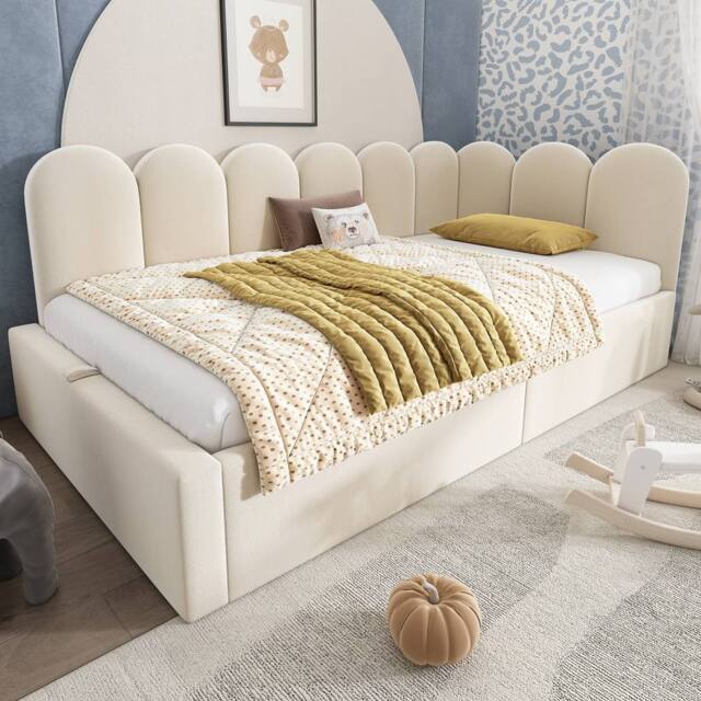 Rolipo 3FT Single Velvet Daybed with Hydraulic Storage, Beige 90x190cm - Size: 90x190 cm - image 1