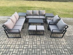 Fimous Aluminium Outdoor Garden Furniture Lounge Sofa 2 PC Chairs Oblong Coffee Table Sets with 2 Side Tables 2 Small Footstool Dark Grey - thumbnail 2