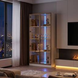 FENCHILIN 4-Tier LED Display Cabinet with Tempered Glass Doors White 160CM - thumbnail 1