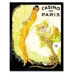 "Wee Blue Coo Advert Music Hall Paris Showgirl Leopard Cat Casino Framed Art Print in Yellow - Size: W12"" x H16""" - thumbnail 1