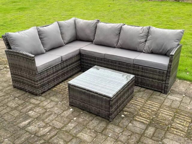 Fimous High Back Dark Mixed Grey Rattan Corner Sofa Set Outdoor Furniture Square Coffee Table 6 Seater in Dark Grey - image 1