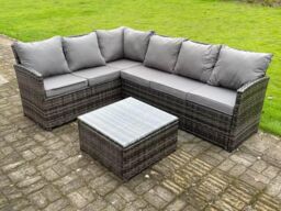 Fimous High Back Dark Mixed Grey Rattan Corner Sofa Set Outdoor Furniture Square Coffee Table 6 Seater in Dark Grey - thumbnail 2