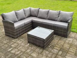 Fimous High Back Dark Mixed Grey Rattan Corner Sofa Set Outdoor Furniture Square Coffee Table 6 Seater in Dark Grey - thumbnail 1