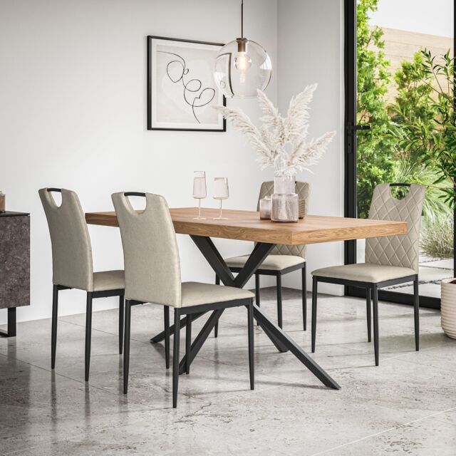 More4Homes Donni Dining Table & Chairs - Oak Effect Table Top w Black Legs + Monza Linen Dining Chair Set Of 4 in Beige - image 1