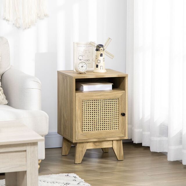 HOMCOM Bedside Table, Rattan Nightstand w/ Shelf, Cabinet, Natural - image 1