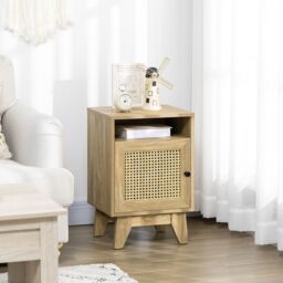 HOMCOM Bedside Table, Rattan Nightstand w/ Shelf, Cabinet, Natural
