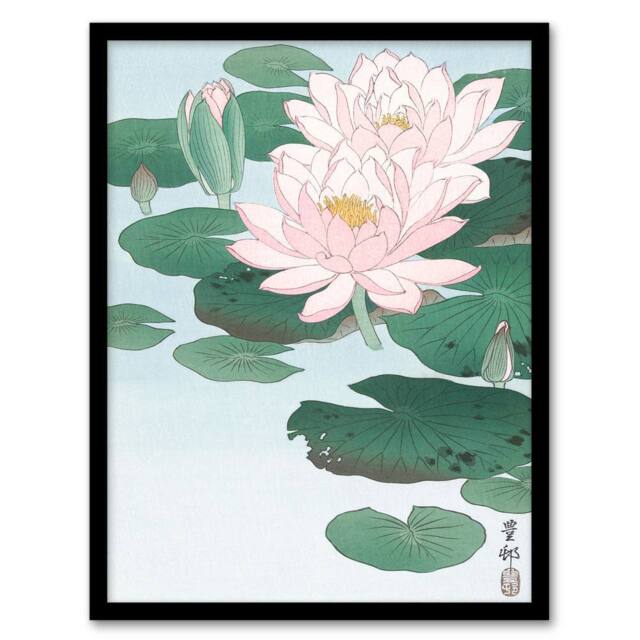 Artery8 Ohara Koson Framed Wall Art Print Water Lily Pads Pink Flower Bloom - Size: A4 - image 1