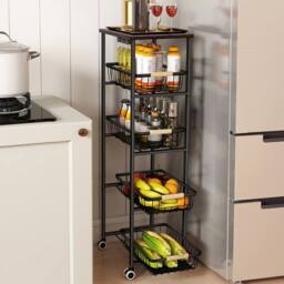 Levede Kitchen Organizer Cart Metal Storage Baskets Wheels Pull-Out Drawer in Black