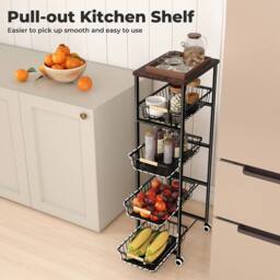 Levede Kitchen Organizer Cart Metal Storage Baskets Wheels Pull-Out Drawer in Black - thumbnail 5