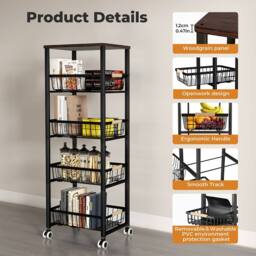 Levede Kitchen Organizer Cart Metal Storage Baskets Wheels Pull-Out Drawer in Black - thumbnail 7