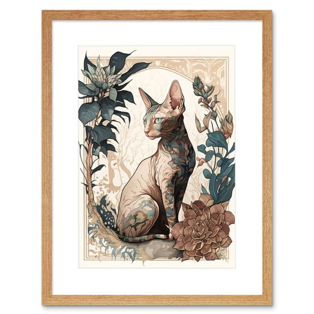 "Artery8 Wall Art Print Sphynx Cat with Flower Blooms Modern Art Nouveau Portrait Artwork Framed 9X7 Inch in Beige - Size: W7"" x H9""" - image 1
