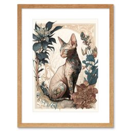 "Artery8 Wall Art Print Sphynx Cat with Flower Blooms Modern Art Nouveau Portrait Artwork Framed 9X7 Inch in Beige - Size: W7"" x H9""" - thumbnail 1