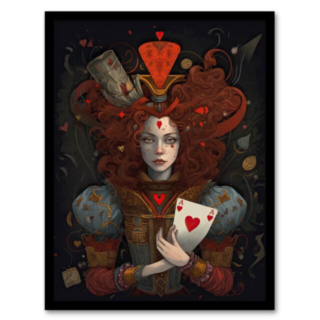 Artery8 Wall Art Print Alice In Wonderland Queen Of Hearts Whimsical Magical Adventure Painting Art Framed in Red - Size: A4 - image 1