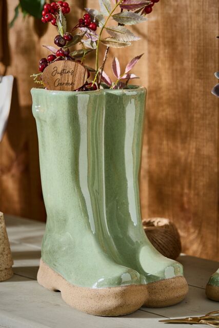 Dibor Small Sage Green Wellingtons Boots Ceramic Indoor Outdoor Flower Pot Garden Planter Pot H17 x W15cm - image 1