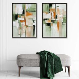 ARTZE Abstract Green & Orange Set of 2 Art Prints in Black Frames in Light Green - Size: A2 - thumbnail 1