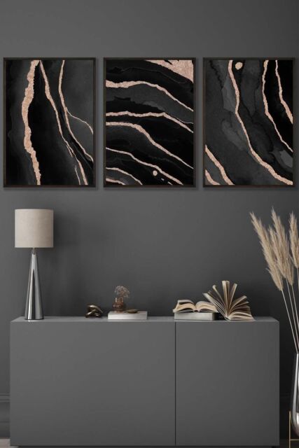 ARTZE Abstract Black Grey Gold Strokes Framed Wall Art - Medium - Size: W45 cm x H62 cm x D20mm - image 1