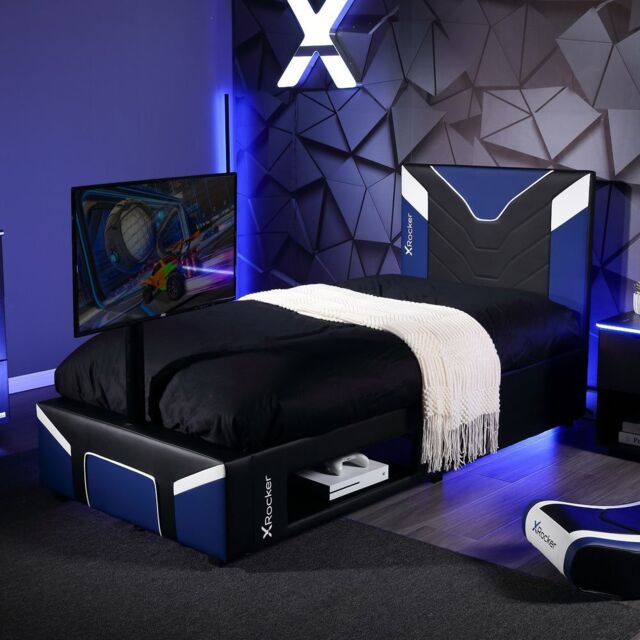 "X Rocker Cerberus Twist TV Bed with Underbed Storage, Upholstered, up to 40"" TV in Blue - Size: Single" - image 1