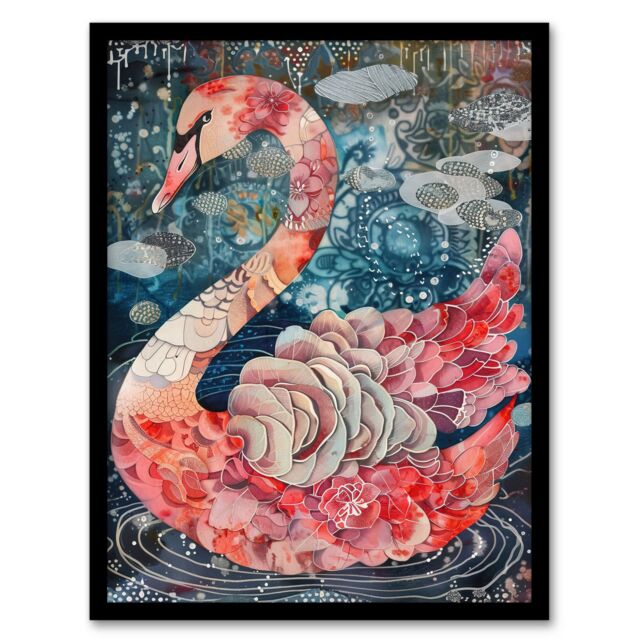 Artery8 Abstract Pink Flower Swan Artwork Enchanted Lake Framed Art Print in Blue - Size: A4 - image 1