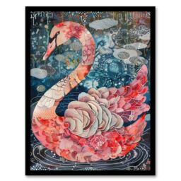 Artery8 Abstract Pink Flower Swan Artwork Enchanted Lake Framed Art Print in Blue - Size: A4 - thumbnail 1