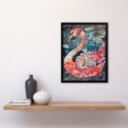 Artery8 Abstract Pink Flower Swan Artwork Enchanted Lake Framed Art Print in Blue - Size: A4 - thumbnail 4