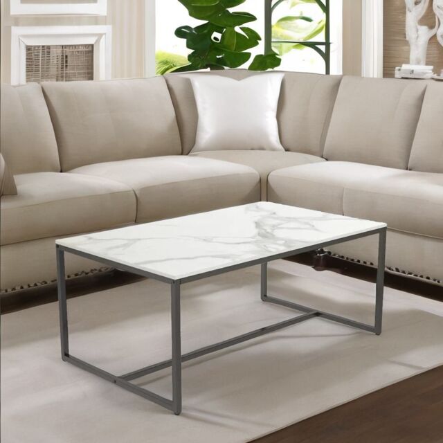 Pirlo Plush Rectangular Faux Marble Coffee Table Living Room Furniture White - image 1