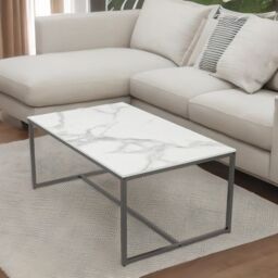 Pirlo Plush Rectangular Faux Marble Coffee Table Living Room Furniture White - thumbnail 2