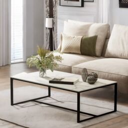 Pirlo Plush Rectangular Faux Marble Coffee Table Living Room Furniture White - thumbnail 5
