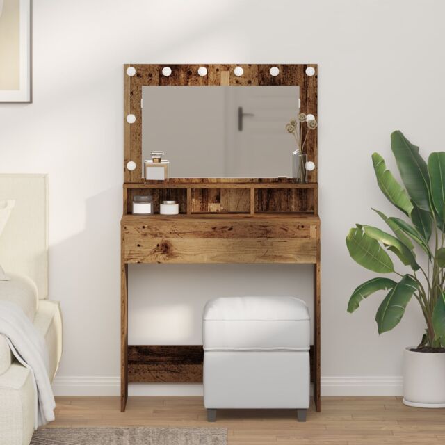 Berkfield Home Dressing Table with LED Lights - Vintage Style, 79x41x135 cm in Brown - Size: 79 x 41 x 135 cm - image 1