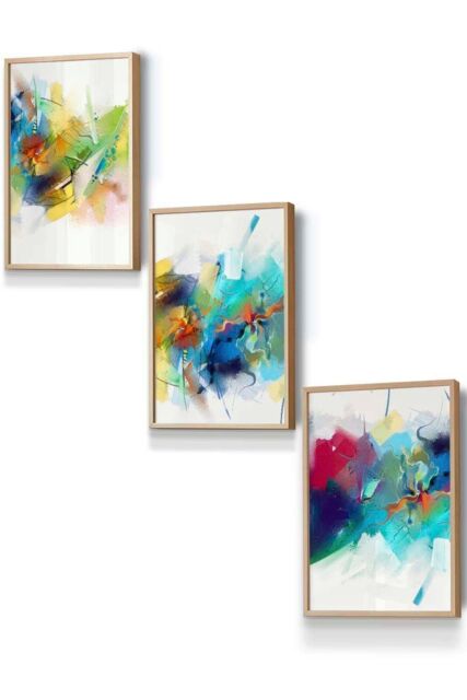 ARTZE Abstract Colourful Pink Blue Yellow Mixed Media Fractal Framed Wall Art - Small in Light Oak - Size: W33 cm x H45 cm x D20mm - image 1