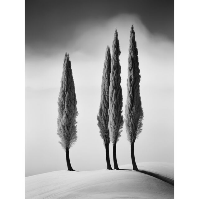 Artery8 Wall Art Print Group of Cypress Trees on Snowy Hill Minimalist Black & White Photograph Cypresses in Foggy Winter Landscape Poster - image 1