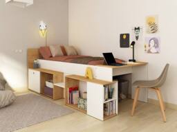 Vente-unique Combination Bed 90 X 200 Cm With Desk & Storage - White & Natural in Light Oak - Size: Single - thumbnail 3